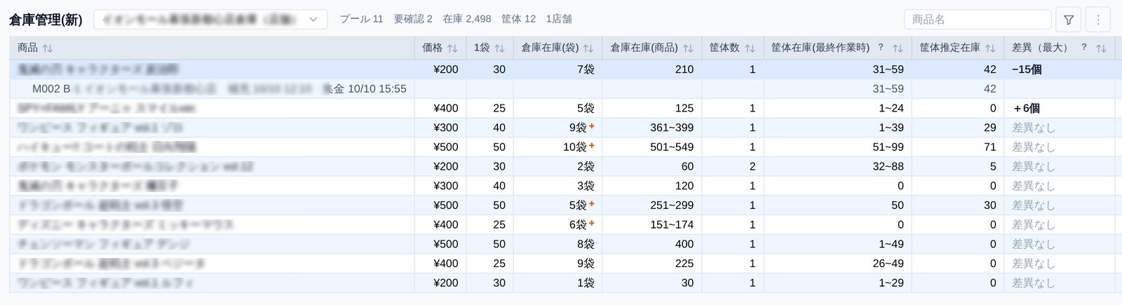 倉庫管理:倉庫在庫(袋)・筐体在庫・推定在庫・差異